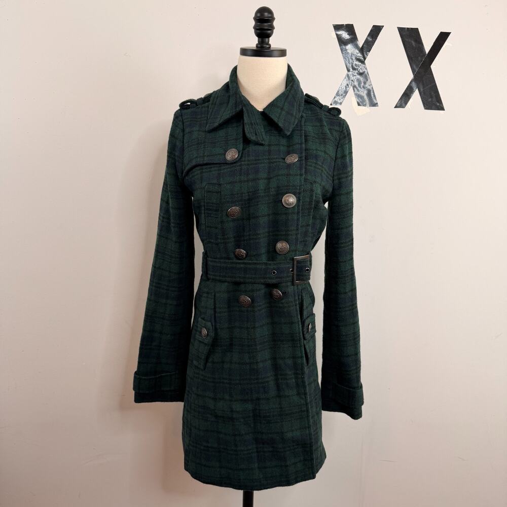 Y2K Green Black Tartan Plaid Military Epaulet Belted Trench Coat Jacket S